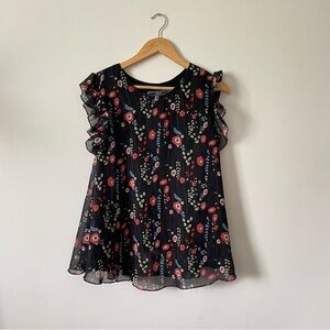 Highness Black Floral Ruffled Blouse cap sleeve size small medium blue red